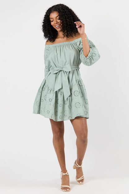 Set The Sage Eyelet Off The Shoulder Dress SALE