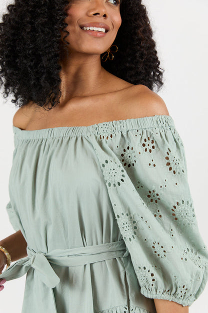 Set The Sage Eyelet Off The Shoulder Dress SALE